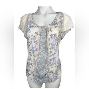 Anthropologie Tiny Laser Stripe Floral Sequin Tee